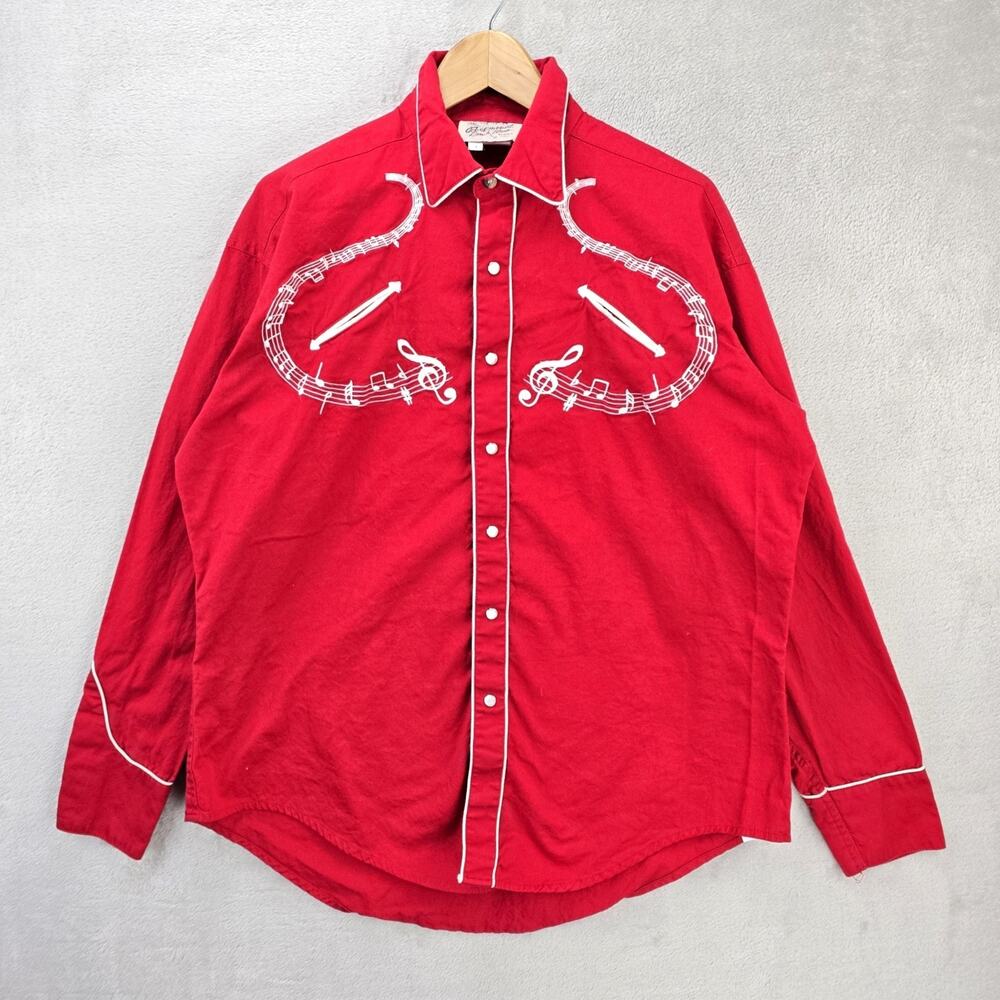 Vintage Rockmount Ranch Wear Shirt Mens L Red Western Pearl Snap Music Notes
